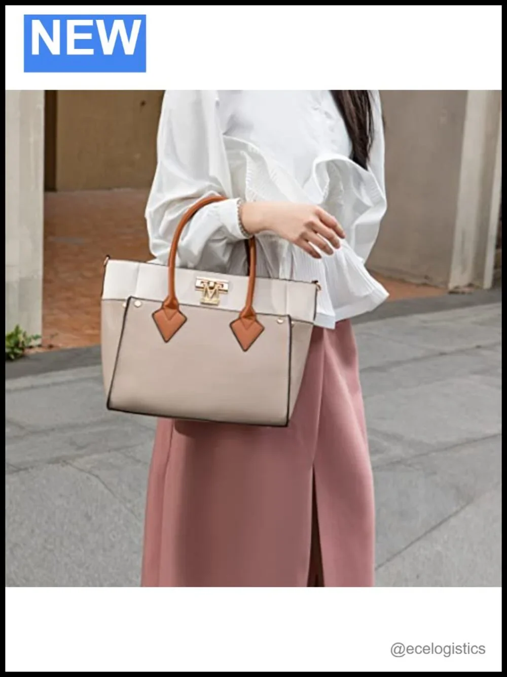 Vegan Leather Tote Bag with Wristlet Wallet, Color-Block, Adjustable Strap,